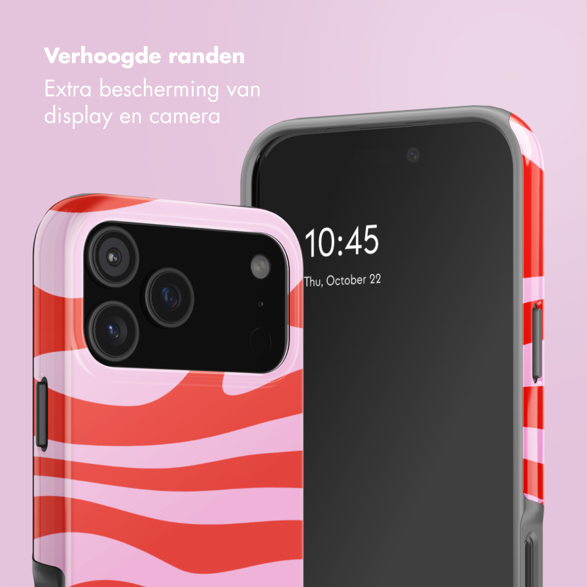 Een telefoon met een roze en rood gestreepte hoes. Het telefoonscherm toont 10:45.