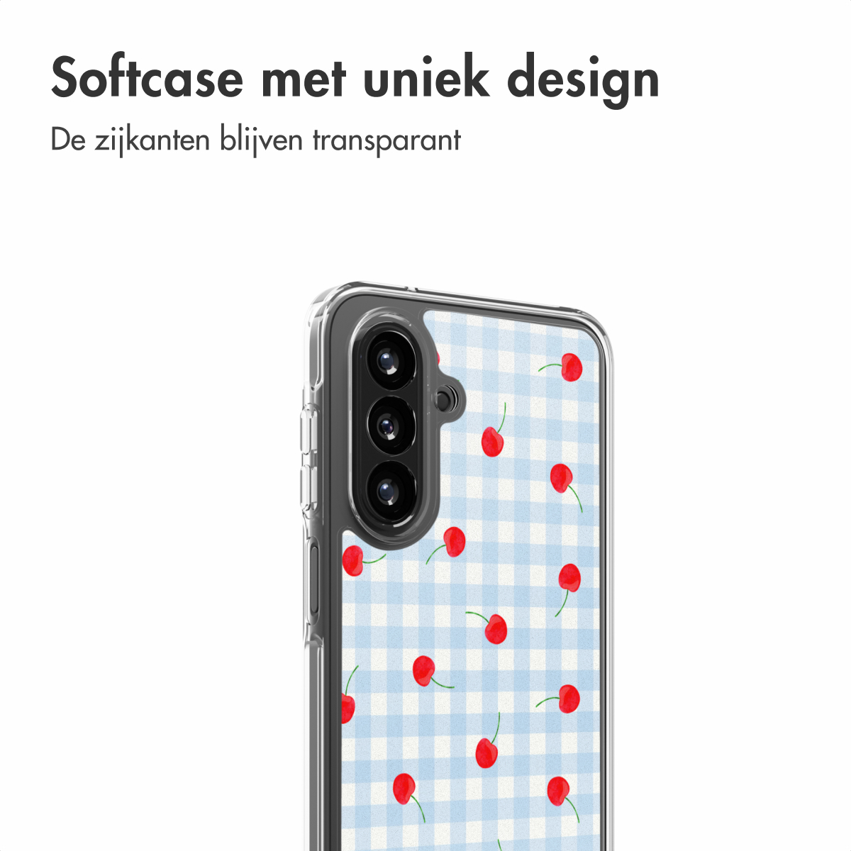 Transparante telefoonhoes met blauw-wit geblokt patroon en rode kersen.