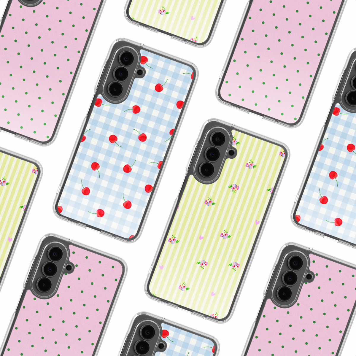 Meerdere telefoonhoesjes met patronen: kersen, stippen, strepen en bloemen.