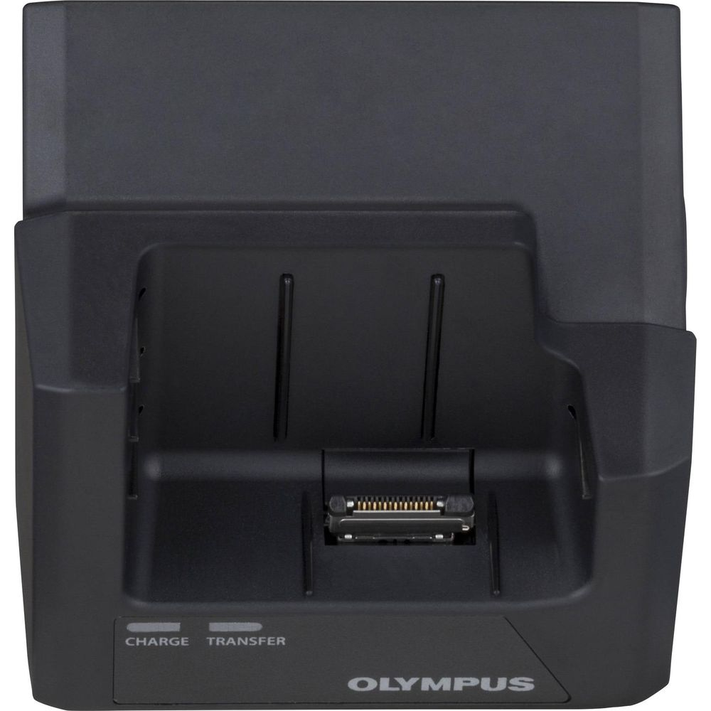 Schwarzer Olympus Dockingstation mit Ladeanschluss und Datenübertragung.