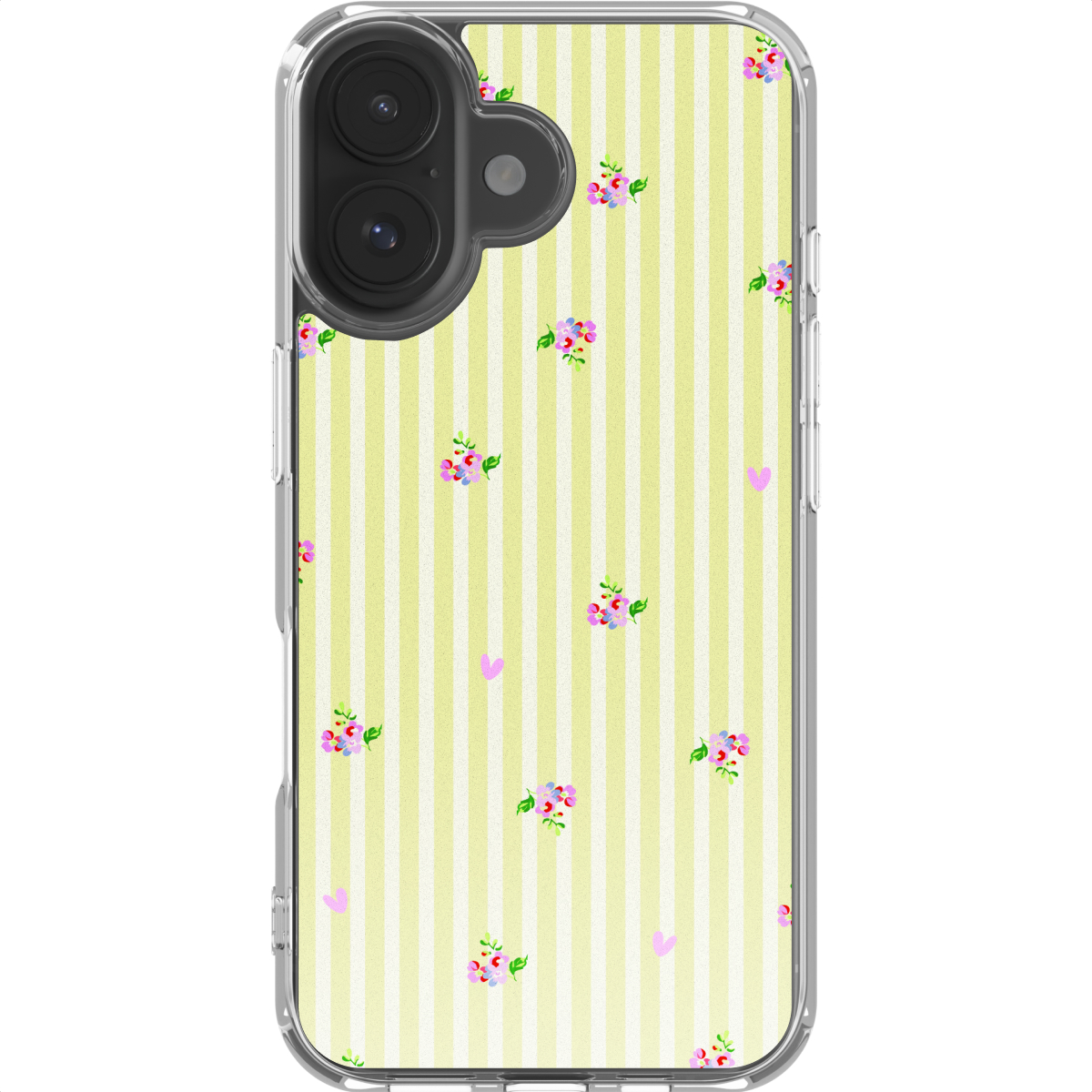 Lichtgele telefoonhoes met witte strepen, kleine bloemen en hartjes.
