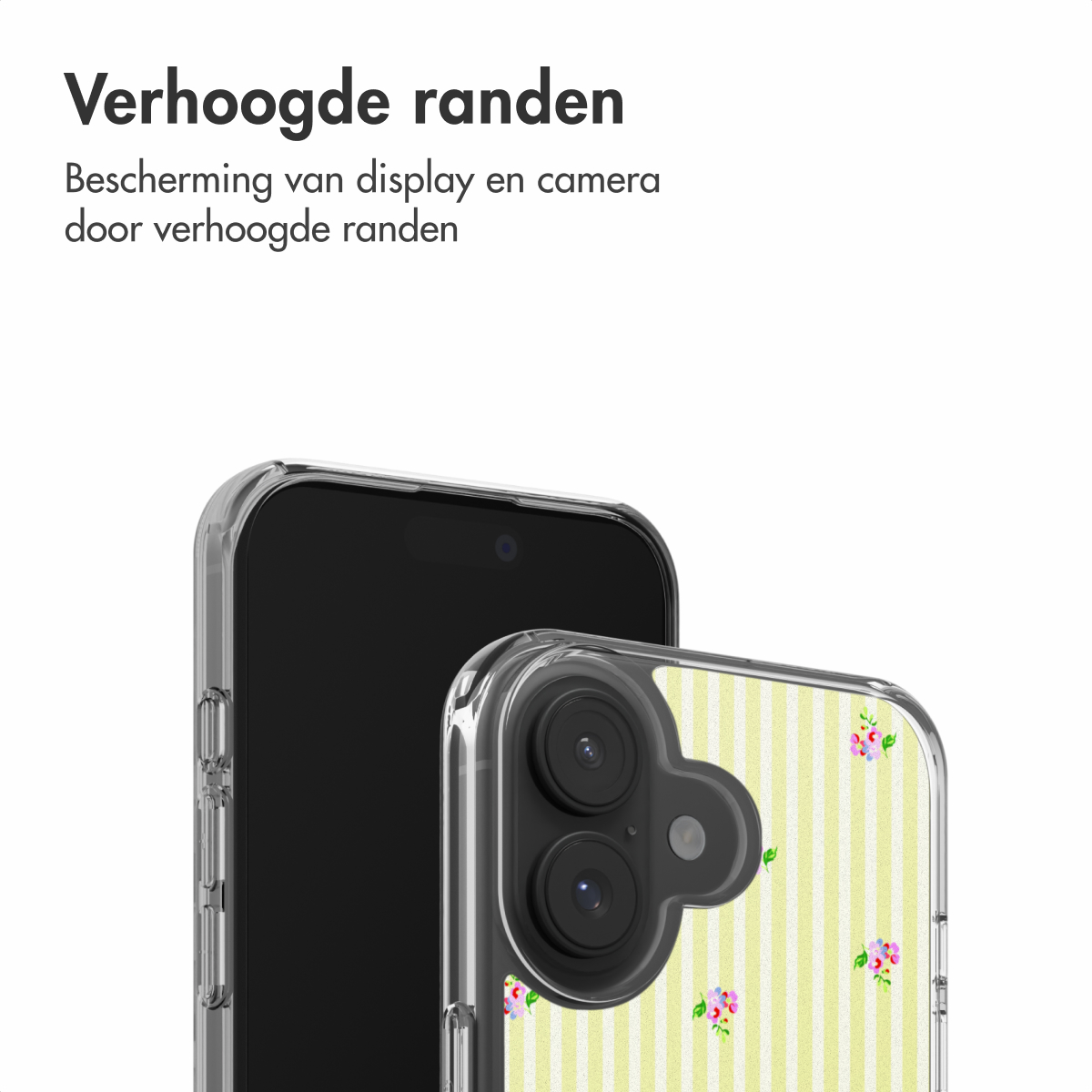 Een telefoon met een hoesje met gele strepen en bloemen. Het hoesje heeft verhoogde randen.