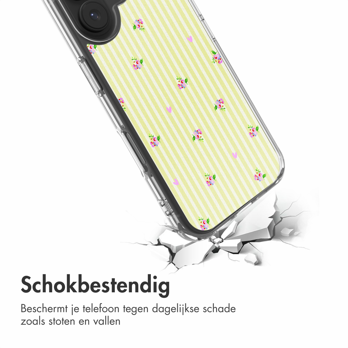 Telefoonhoesje met bloemenpatroon valt en breekt grond.