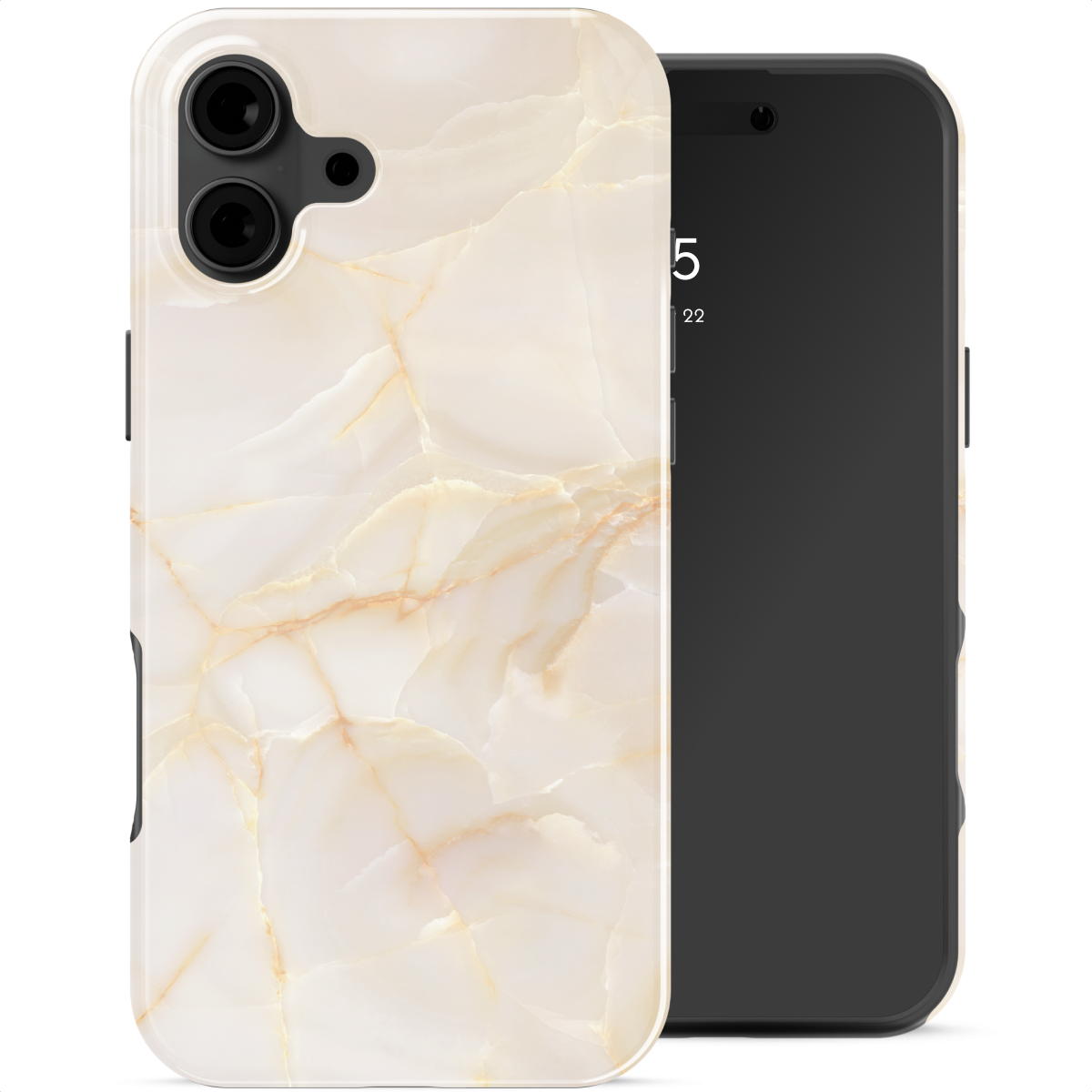 Un téléphone avec une coque marbrée et un écran sombre.