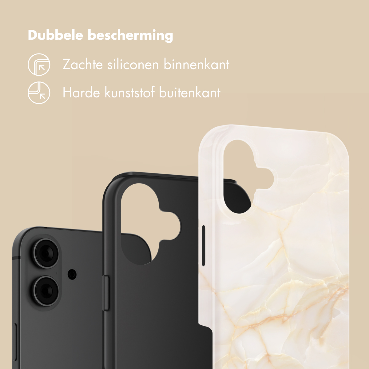 Trois coques de téléphone : noires, noires et motif marbre. Double protection.
