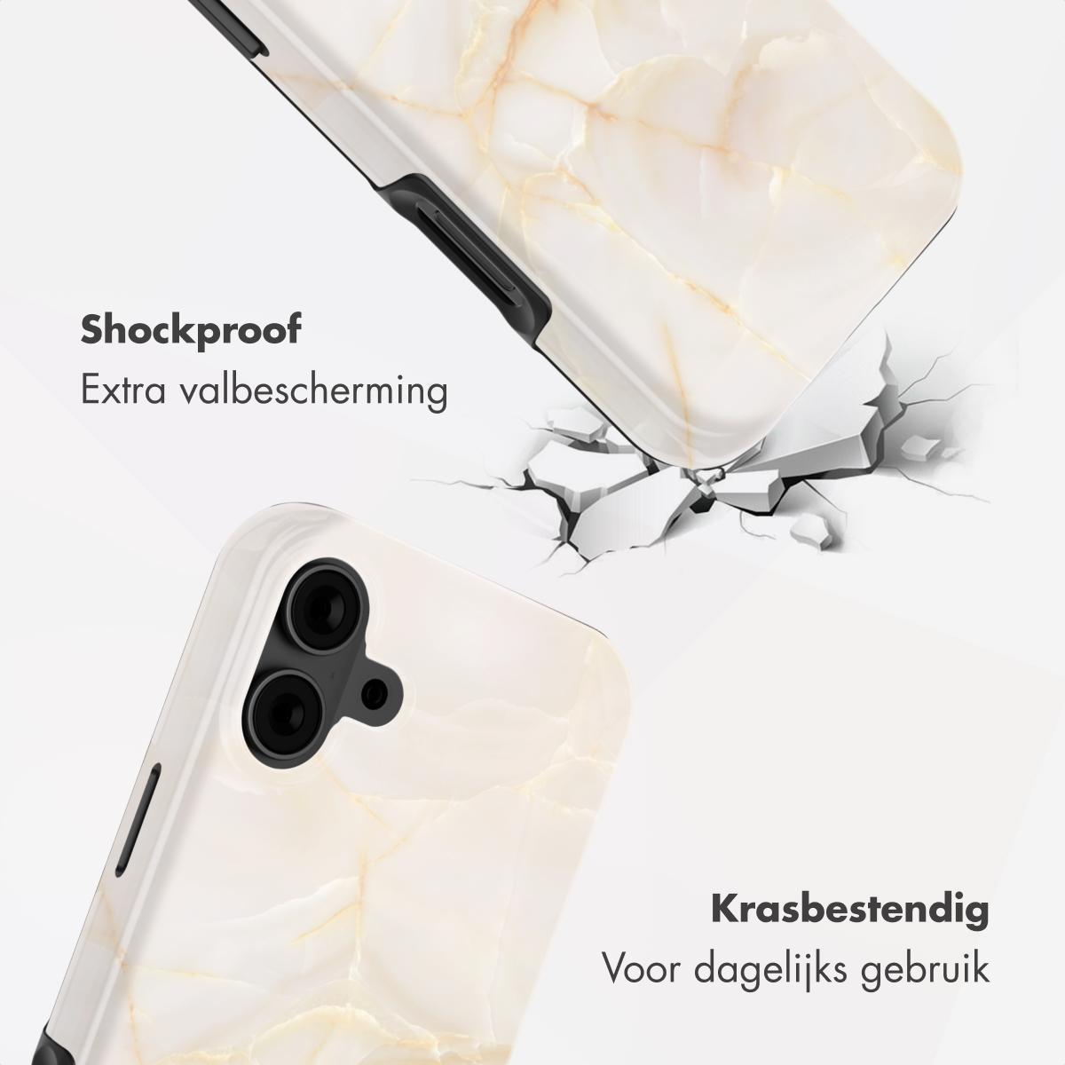 Coque de téléphone marbrée avec texte "Anti-choc" et "Résistant aux rayures".