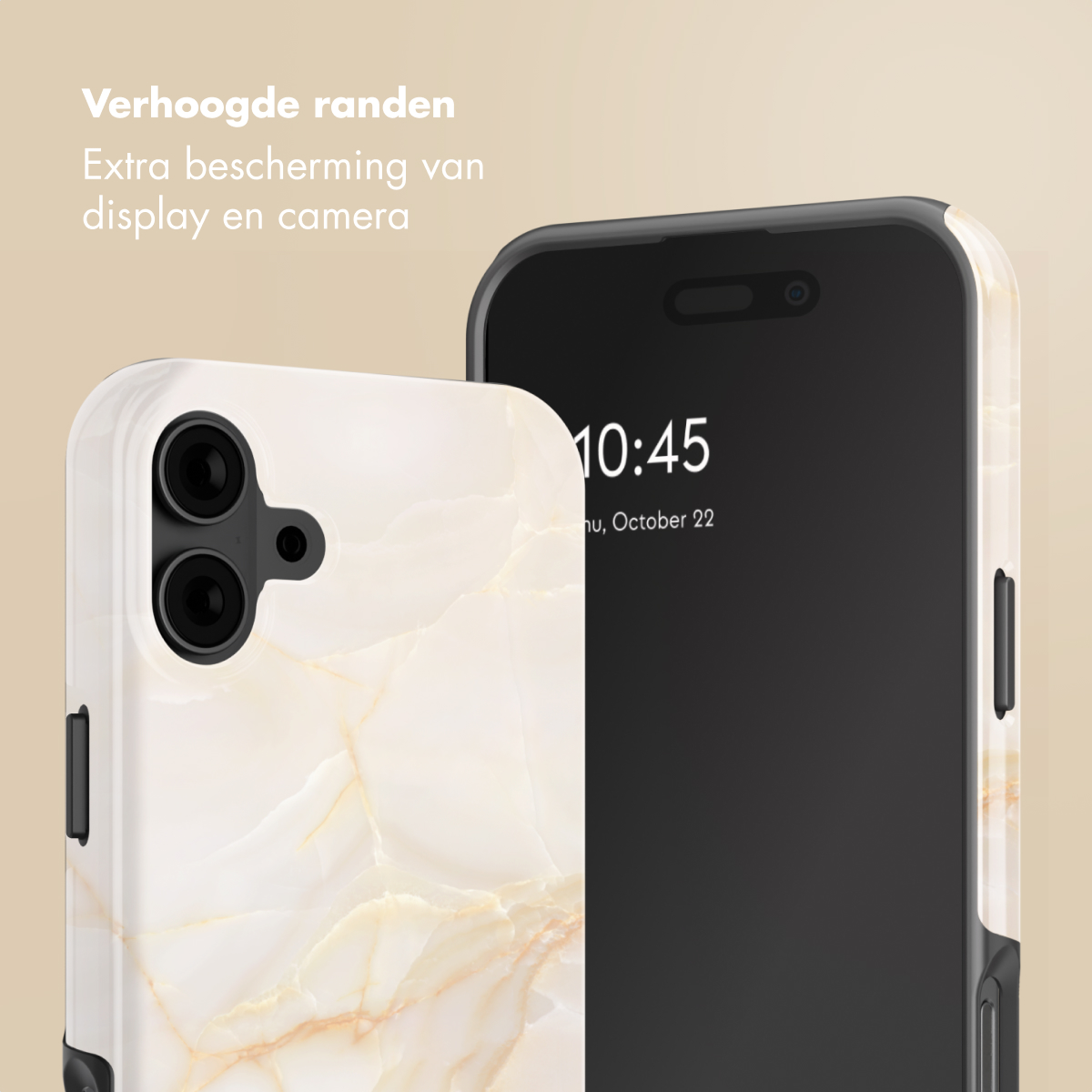 Un téléphone avec une coque en marbre et un smartphone à écran sombre.