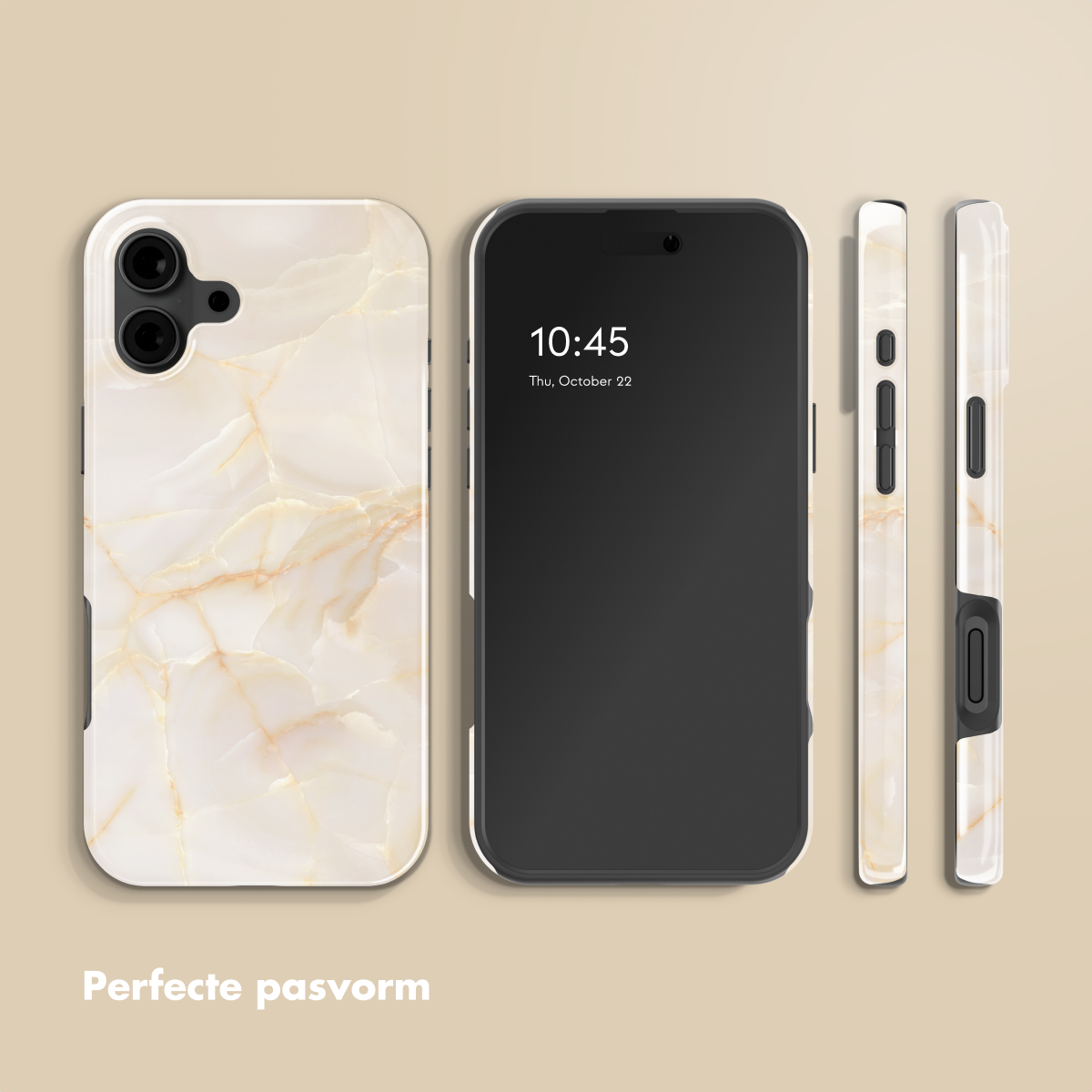 Coque de téléphone blanche à motif marbre à côté d'un smartphone.