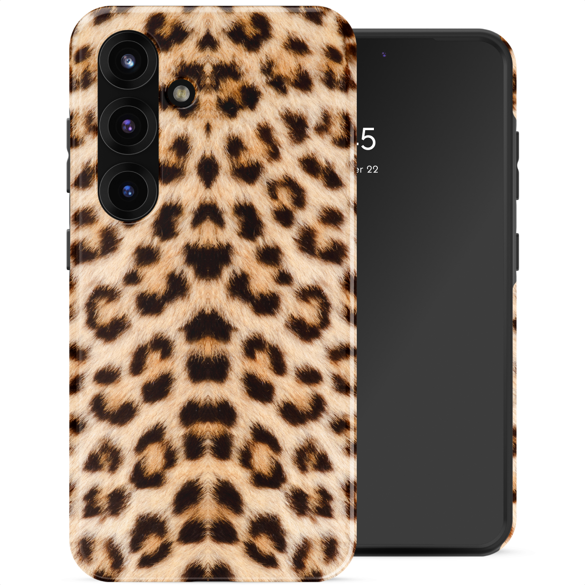Un téléphone avec une coque léopard et un écran noir.