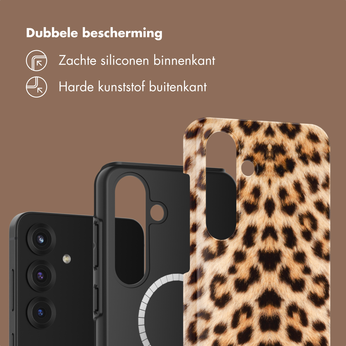 Trois étuis de téléphone : un noir, un noir à imprimé léopard et un intérieur doux.