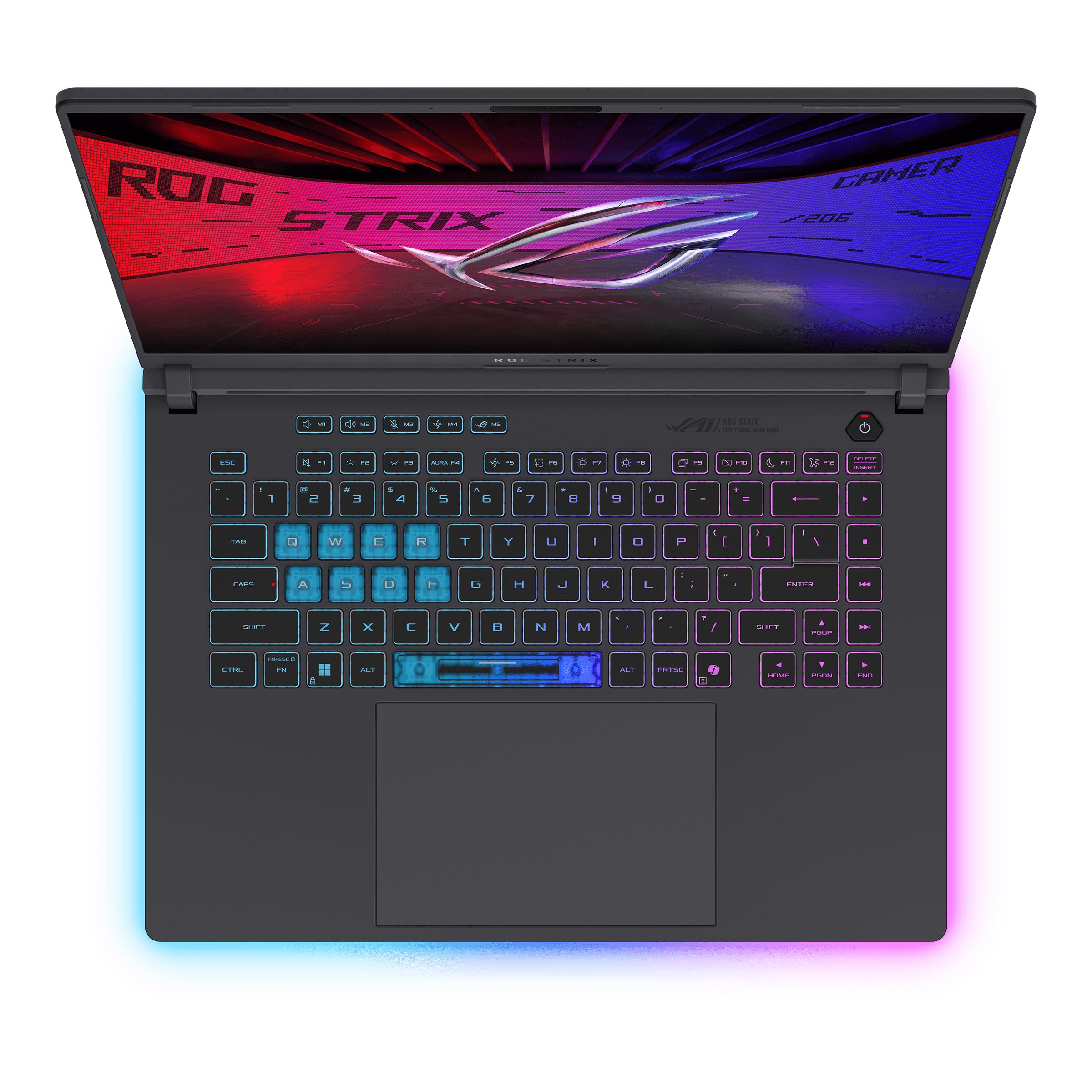 Ein geöffneter Laptop mit beleuchteter Tastatur und RGB-Beleuchtung.