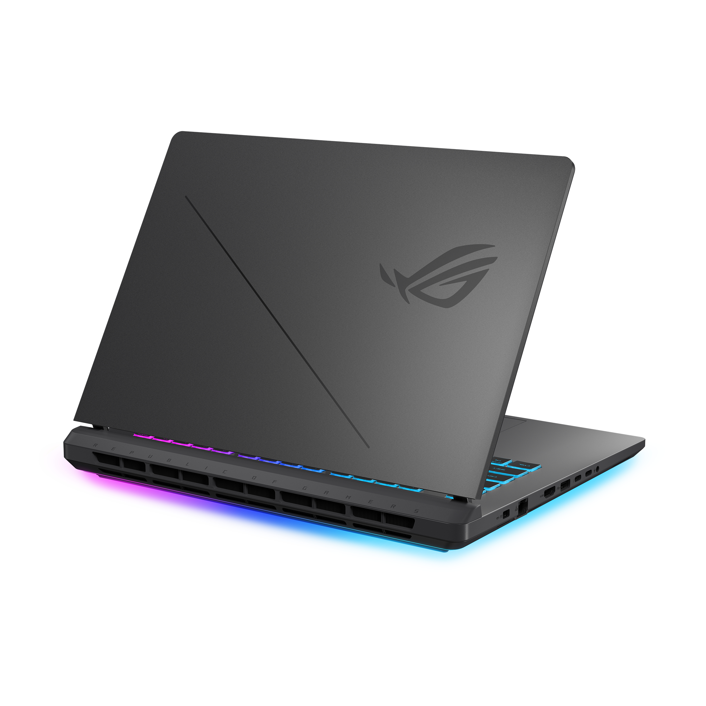 Ein dunkler Laptop mit beleuchteter Tastatur und "Republic of Gamers" Schriftzug.