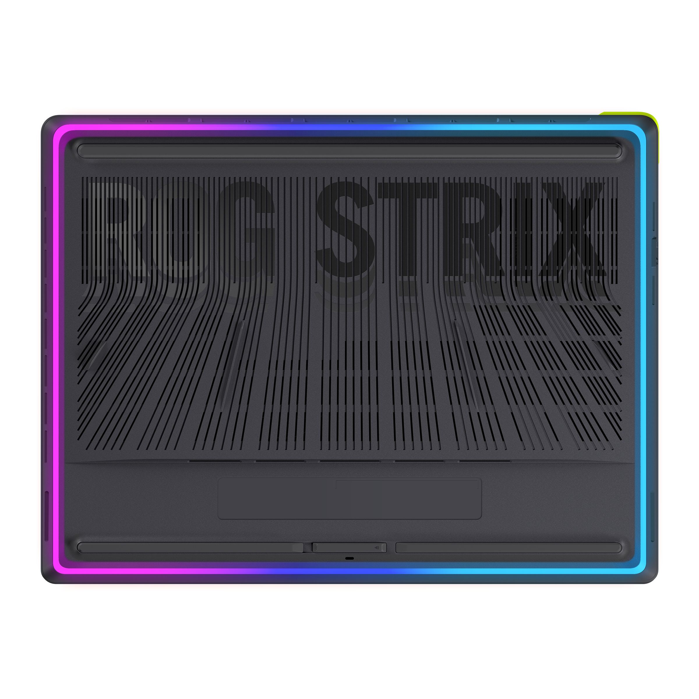 Unterseite eines Laptops mit RGB-Beleuchtung und 'ROG STRIX'-Logo.