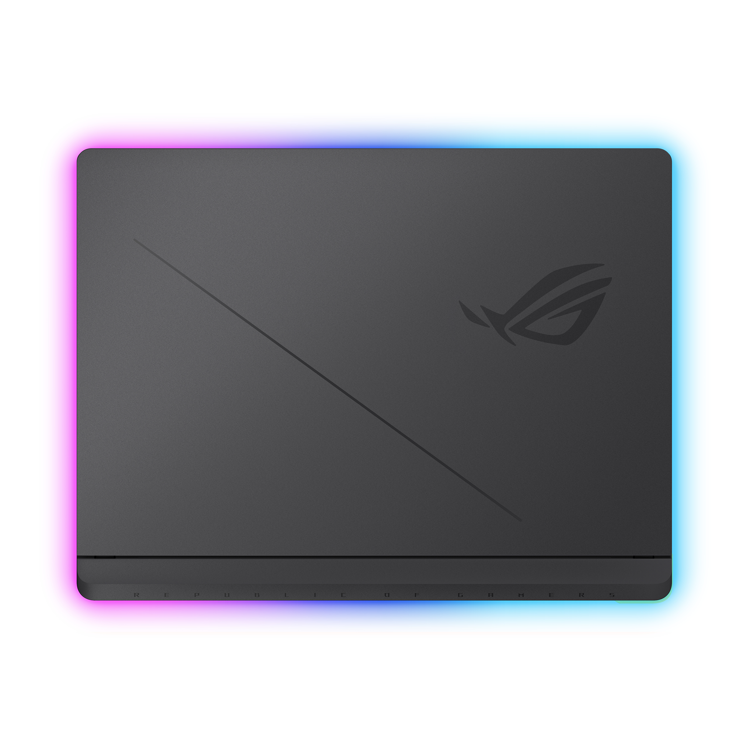 Schwarzer Laptop mit RGB-Beleuchtung und ROG-Logo.