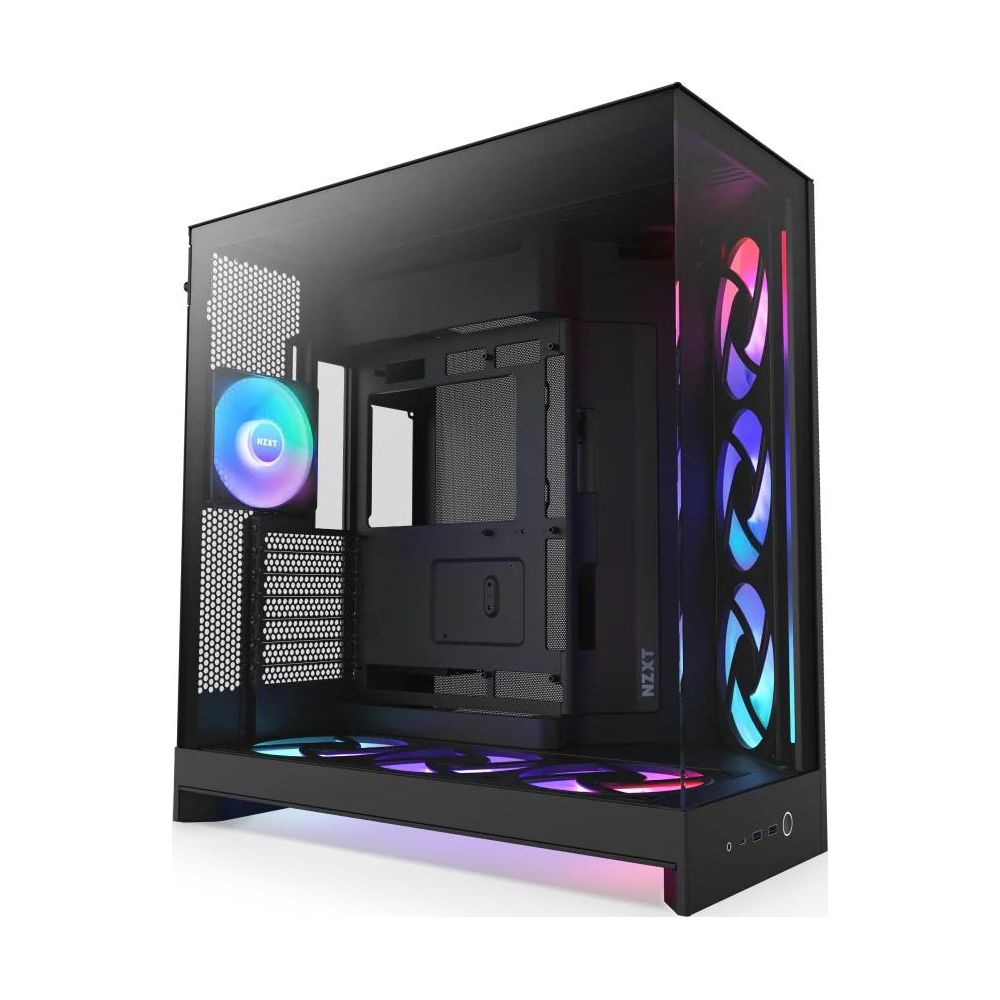 Een zwarte computerkast met glazen voorkant en RGB-ventilatoren.