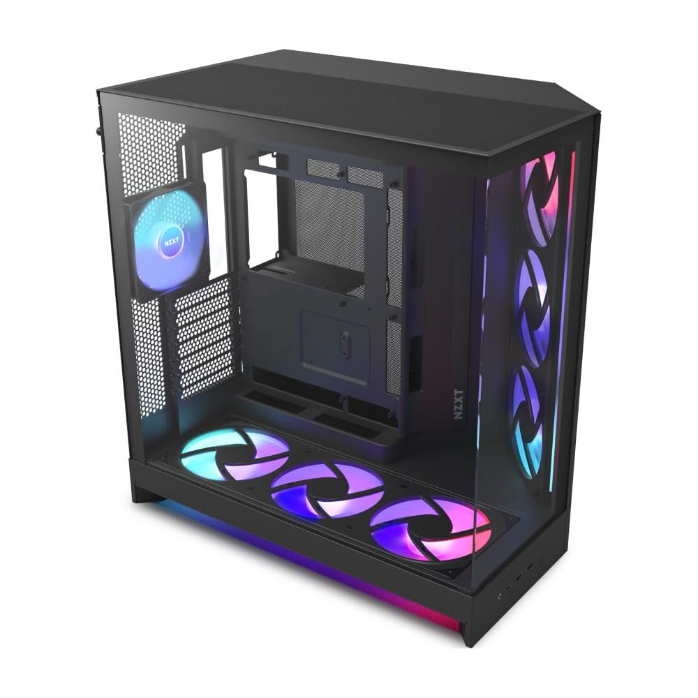 Zwarte PC-behuizing met glazen voorkant en RGB-ventilatoren.