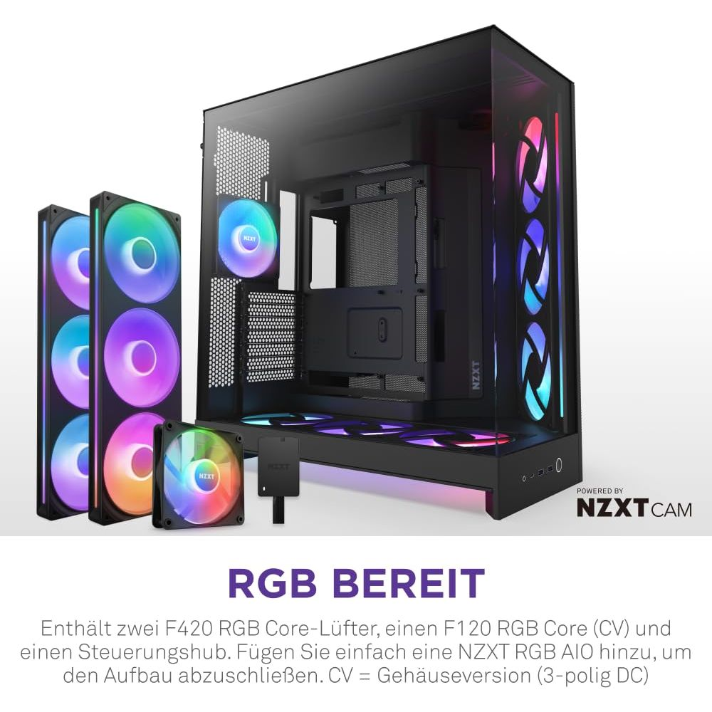Een pc-behuizing met RGB-ventilatoren en componenten. Meerdere ventilatoren staan aan de linkerkant.