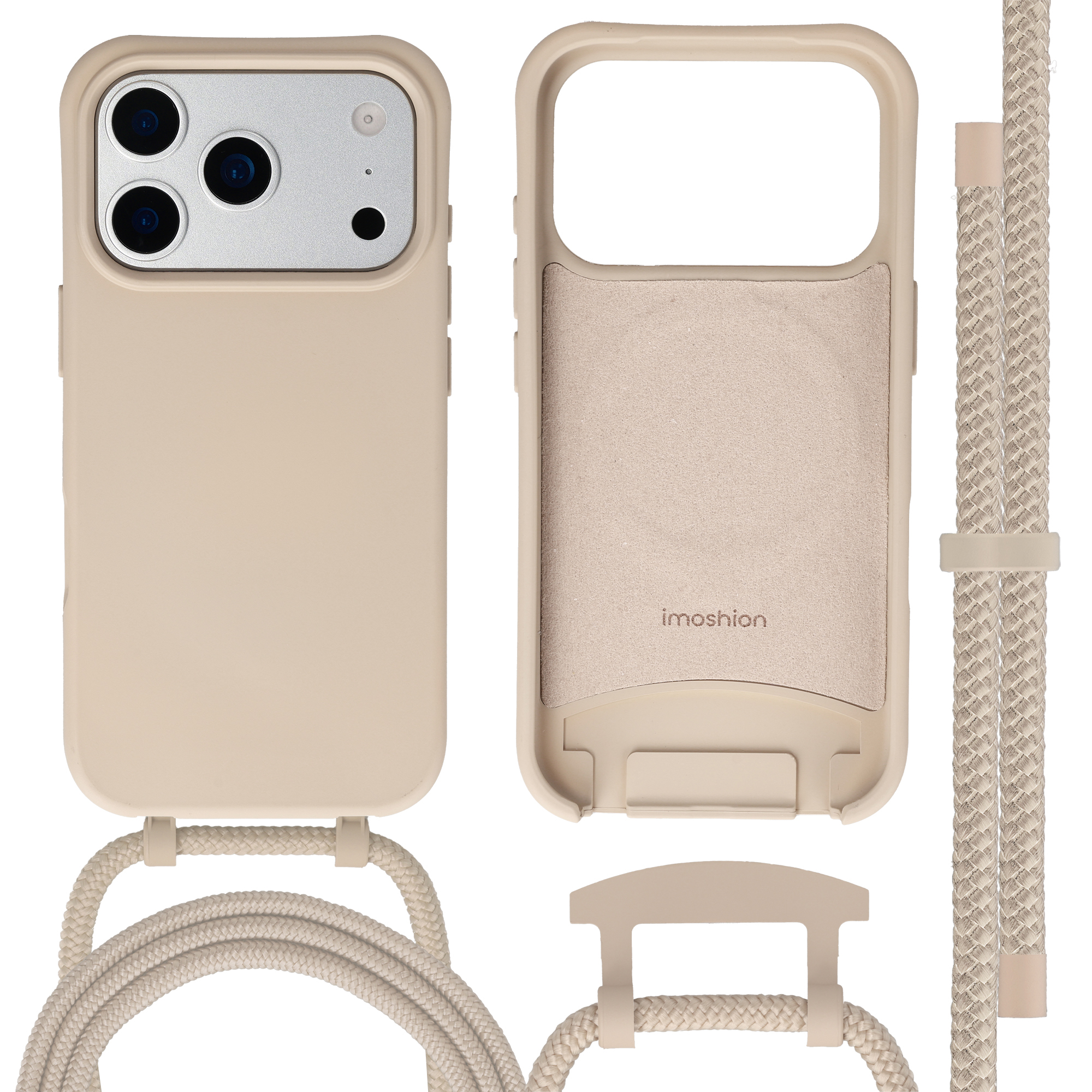 Een beige telefoonhoes met koord en cameramontage, apart getoond.