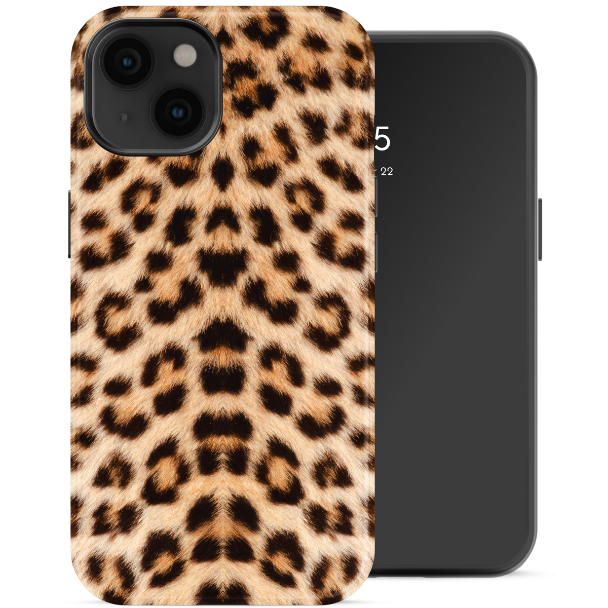 Une coque de téléphone léopard à côté d'un smartphone noir.