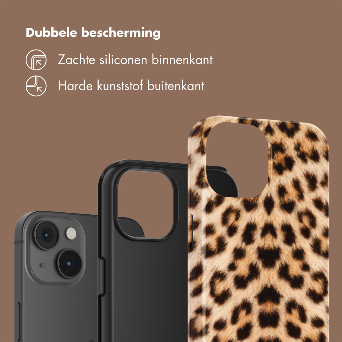 Trois coques de téléphone : une léopard, une noire et une grise avec un téléphone.