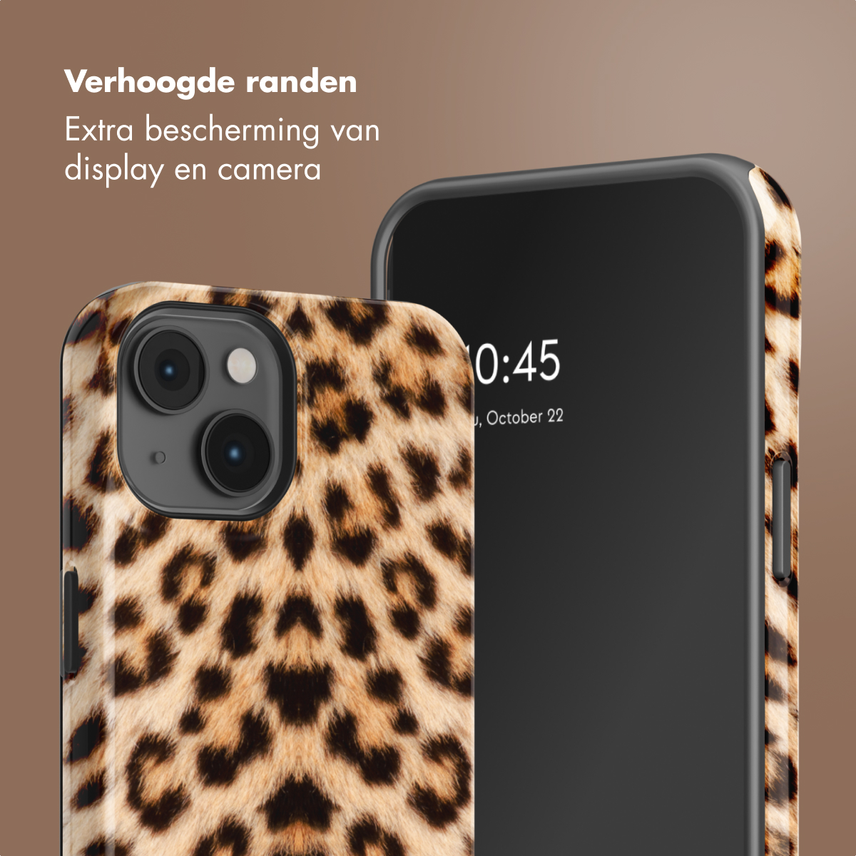 Coque de téléphone motif léopard avec bords surélevés et découpe caméra.