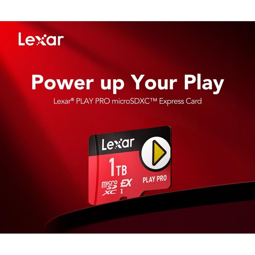 Lexar 1TB MicroSDXC PLAY PRO Karte mit Play-Symbol und rotem Hintergrund.