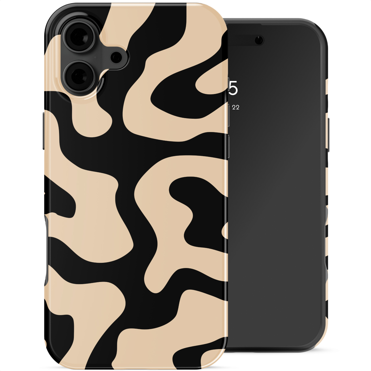 Un téléphone avec un motif abstrait de vagues beiges et noires.