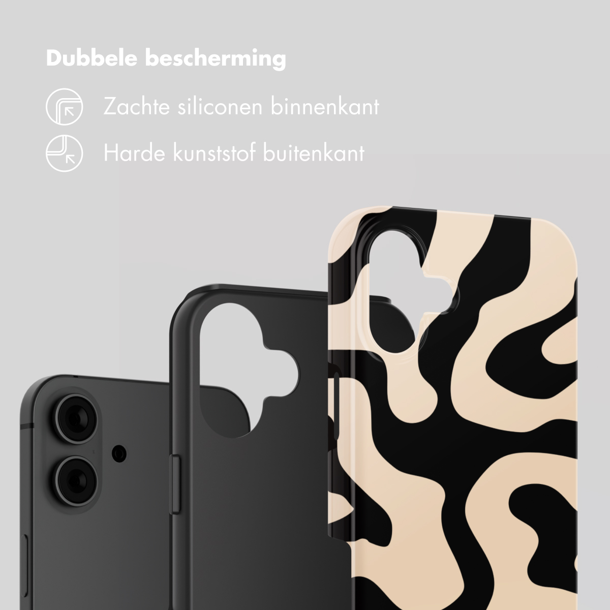 Deux coques de téléphone : une noire, une à motif beige et noir.
