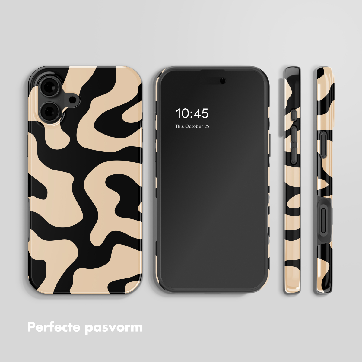Coque d'iPhone avec motif abstrait beige et noir et un iPhone.