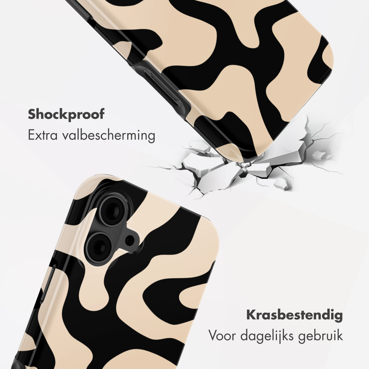 Coque de téléphone à motif beige et noir, antichoc et résistant aux rayures.