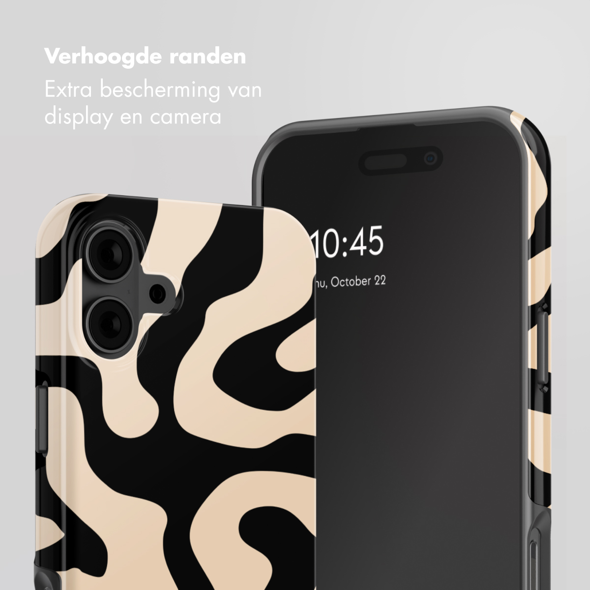 Un téléphone avec un motif ondulé noir et beige. L'écran affiche 10:45.