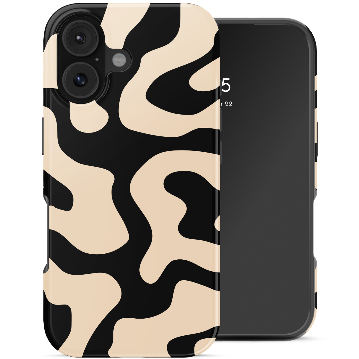 Una custodia per telefono con motivo astratto nero e beige.