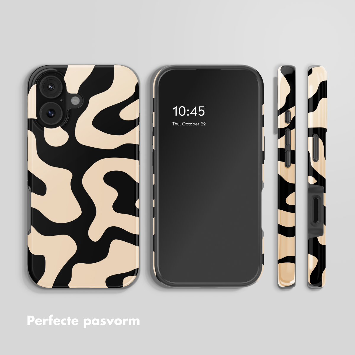 Uno smartphone con un motivo di forme organiche beige e nere.