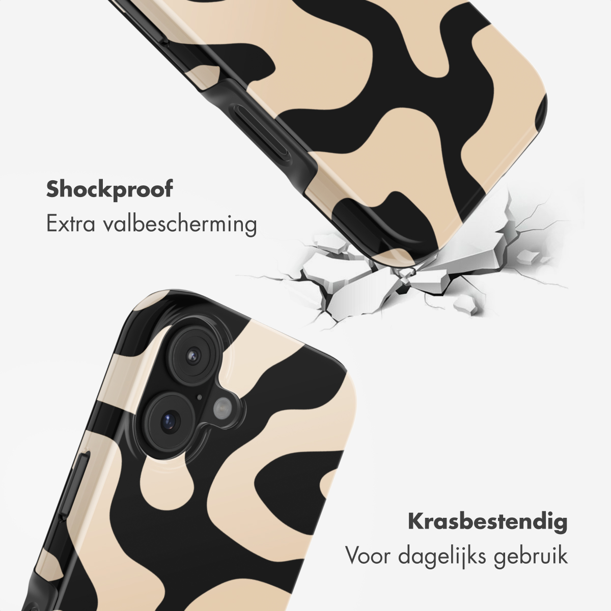 Cover telefono antiurto con motivo beige e nero sfonda il terreno.