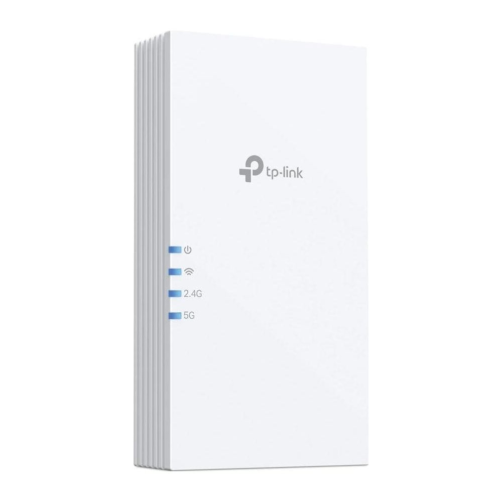 Un router TP-Link bianco con indicatori LED blu per accensione, Wi-Fi, 2.4G e 5G.