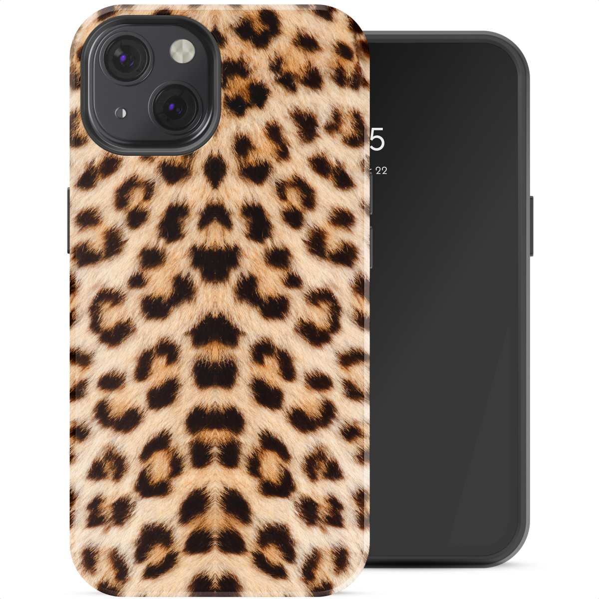 Custodia per telefono leopardata accanto a uno smartphone nero.
