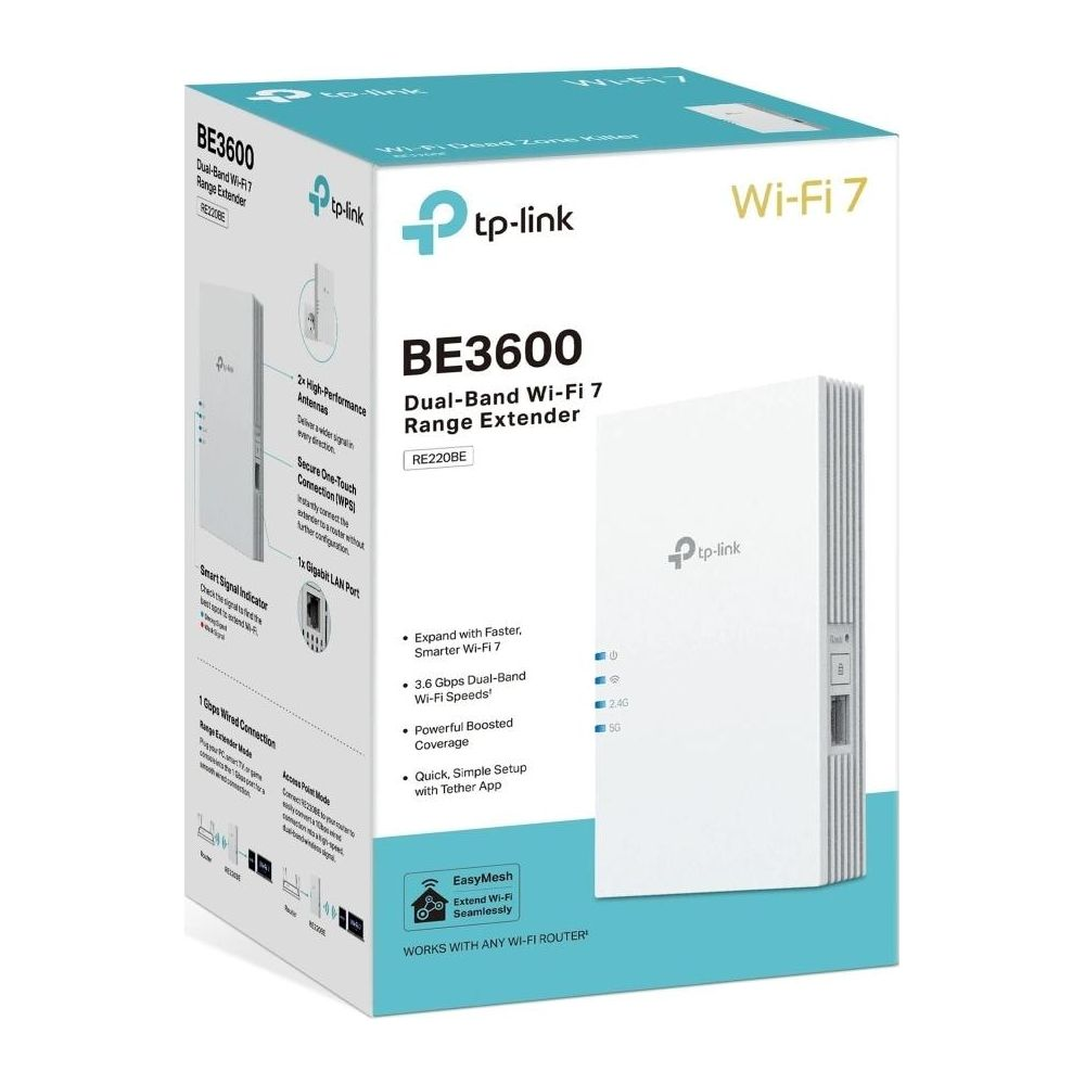 Confezione TP-Link BE3600 Dual-Band Wi-Fi 7 Range Extender con immagine prodotto e specifiche.