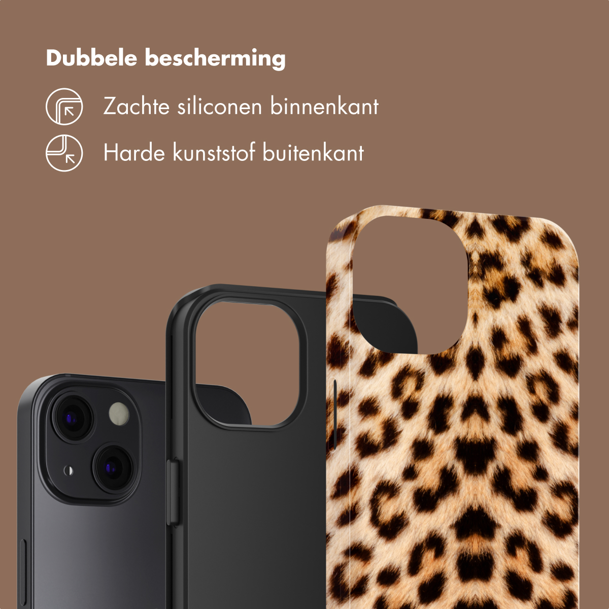 Telefono nero con cover leopardata, strati interno morbido ed esterno rigido.