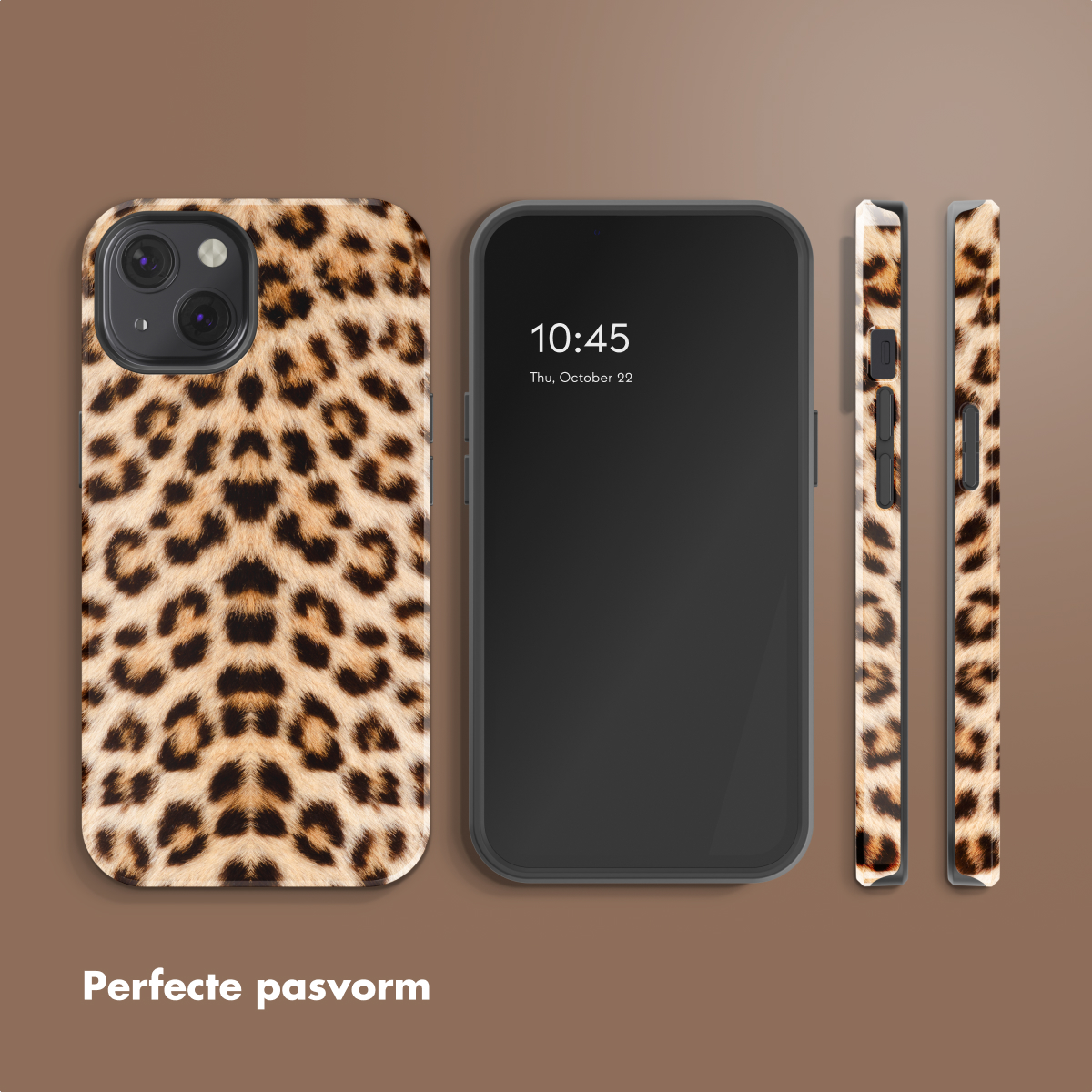 Cover per telefono animalier leopardato accanto a uno smartphone. Vestibilità perfetta.