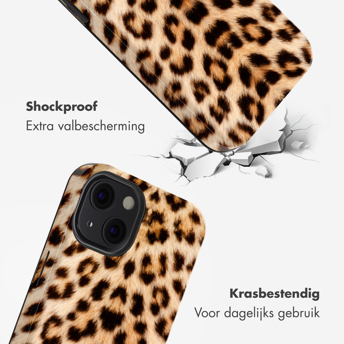 Custodia per telefono con stampa leopardata su sfondo bianco, che mostra la qualità antiurto.