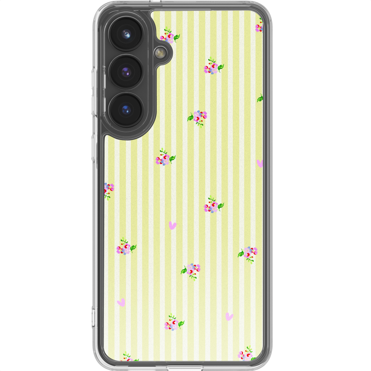 Een telefoon met een geel streepjespatroon en kleine bloemen- en hartmotieven.