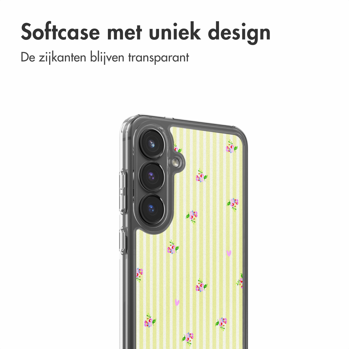 Een softcase voor de telefoon met een geel-wit gestreept patroon en kleine roze bloemen.