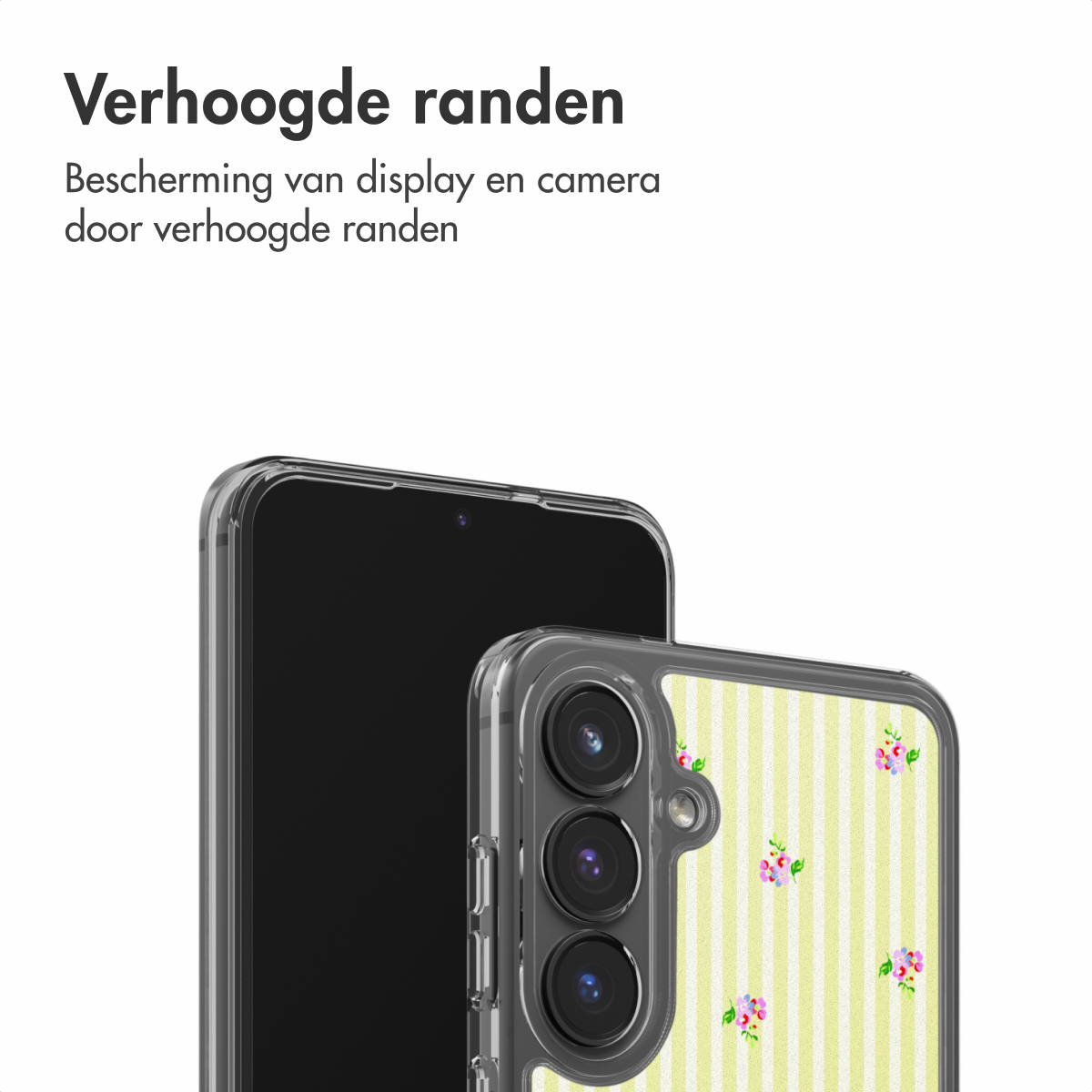 Een smartphone met een hoesje met verticale strepen en bloemen.
