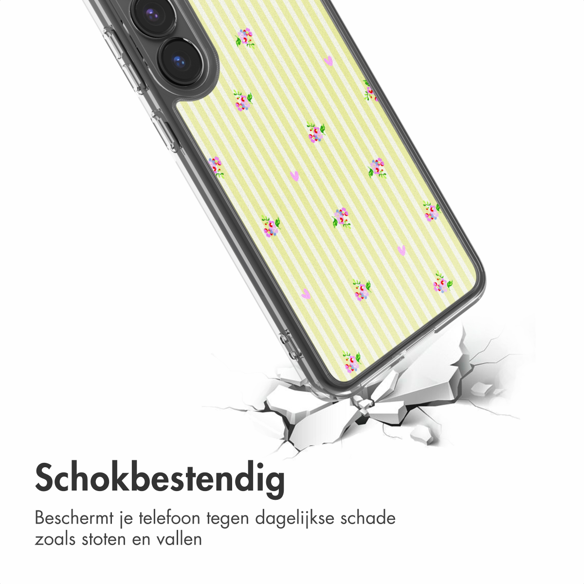 Telefoonhoesje met gele strepen en bloemenpatroon breekt door wit oppervlak.