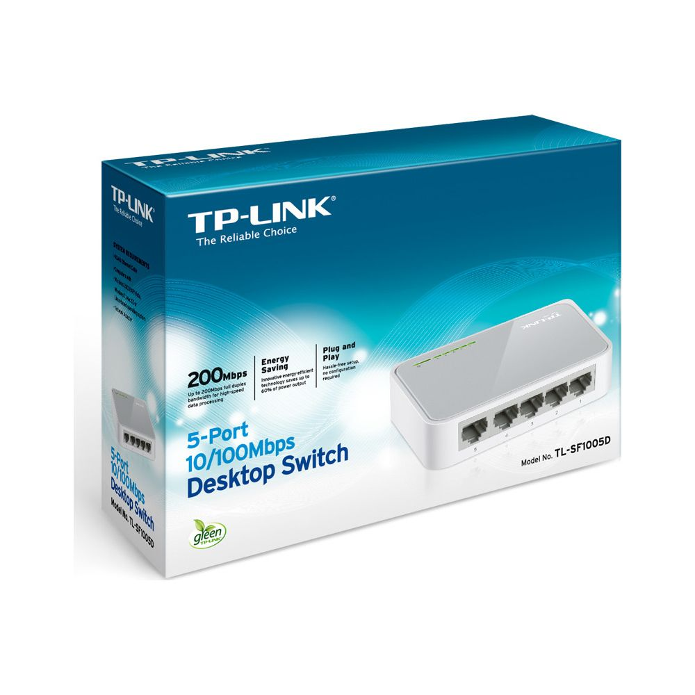 TP-Link 5-Port Desktop Switch Verpackung mit Produktabbildung und Spezifikationen.