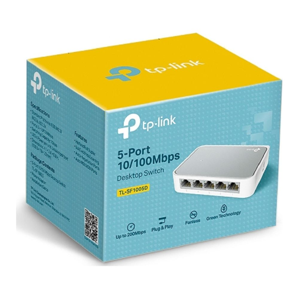 TP-Link 5-Port Desktop Switch TL-SF1005D Verpackung mit einem Switch-Bild.