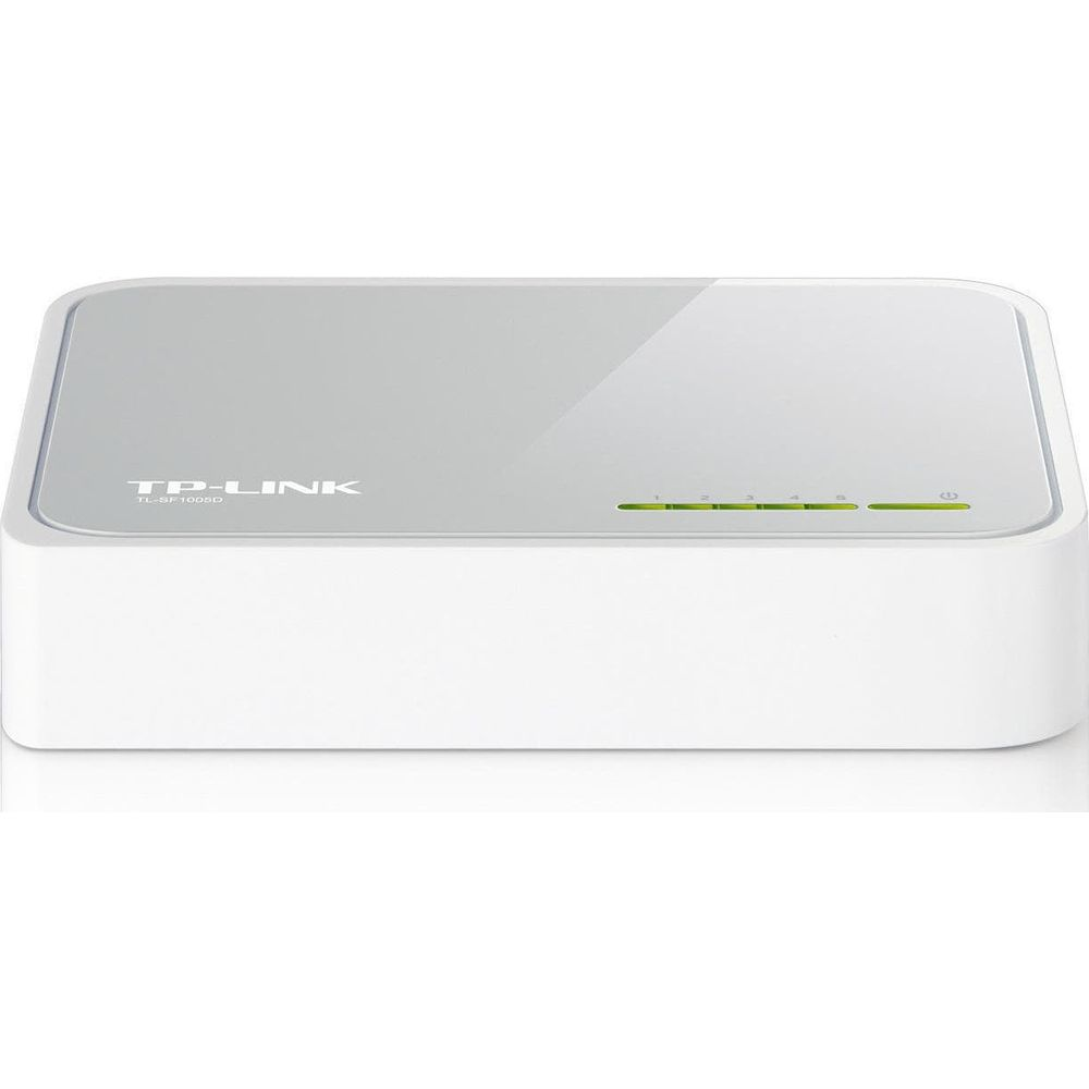 Ein weißer TP-Link TL-SF1005D 5-Port-Switch mit grünen LED-Anzeigen.
