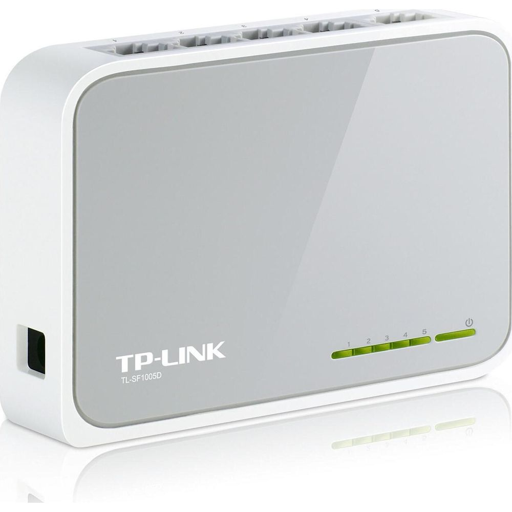 Ein weißer TP-Link TL-SF1005D 5-Port Gigabit Desktop Switch.