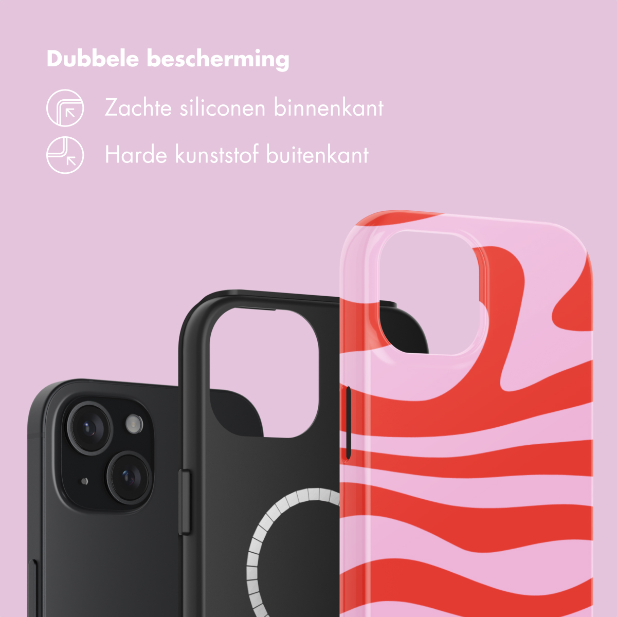 Three phone cases: one black, one black with white circle, one colorful.
