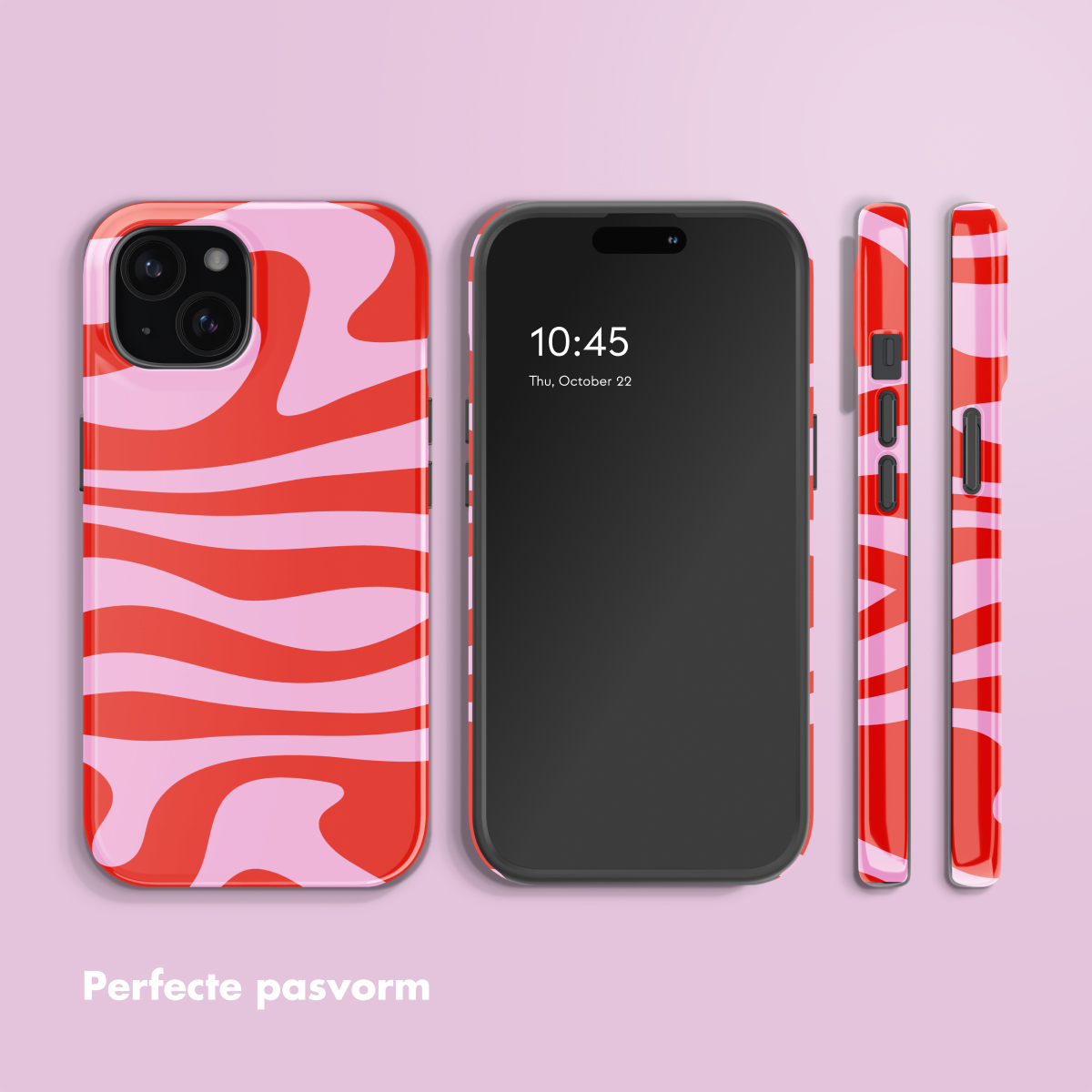 Red and pink wavy patterned phone case next to a smartphone.
